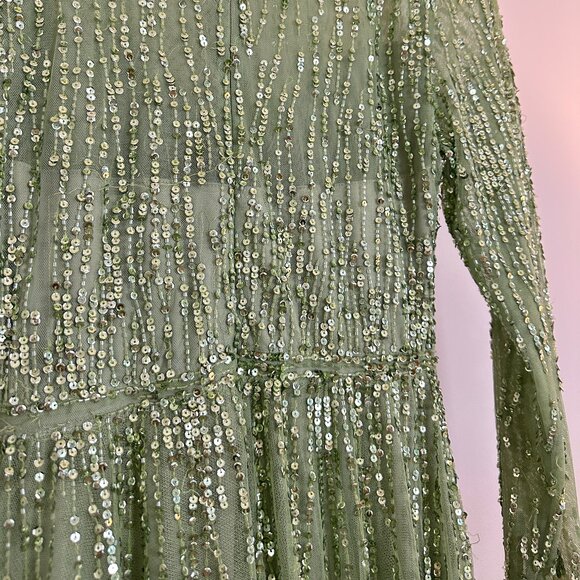 MAC DUGGAL Green Illusion High Neck Long Sleeve Embellished Gown Sage Size US 6 - Picture 12 of 16
